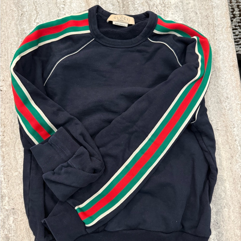 Gucci Blue and Red Crewneck Sweater with Bold Stripes